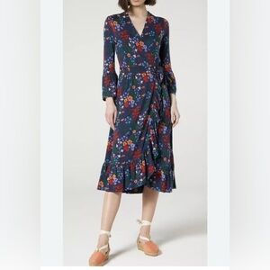 L.K.Bennett London Size 6 Vika Midi Navy  Vibrant Floral Print Wrap Dress Midi